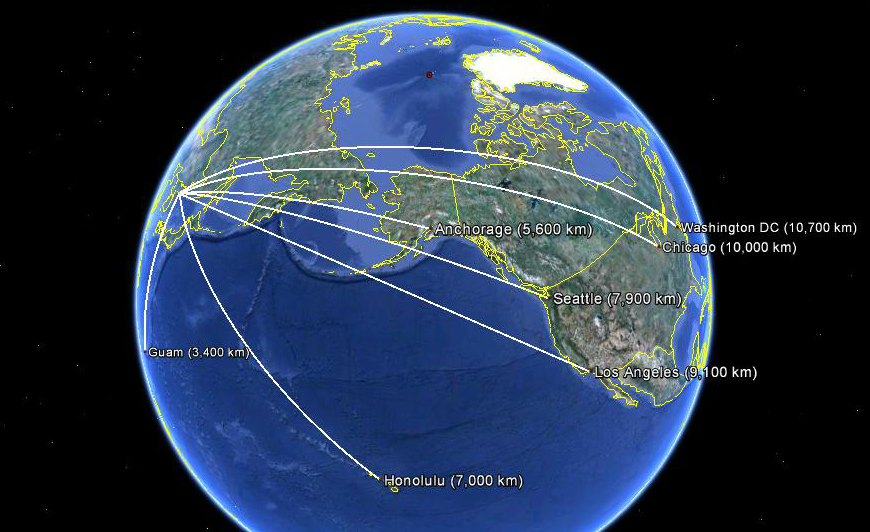 Fig. 4: Distances from North Korea. (Source: D Wright in Google Earth)
