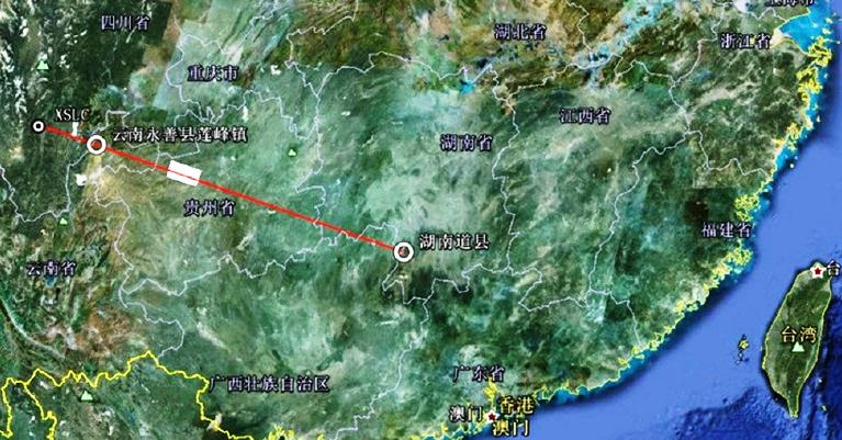 Figure 1: The Xichang launch site (labeled XSLC) is in the upper left. The white rectangle is the NOTAM announced by China. The two white circles are areas where Chinese news sources reported that residents were given warning of reentering debris.