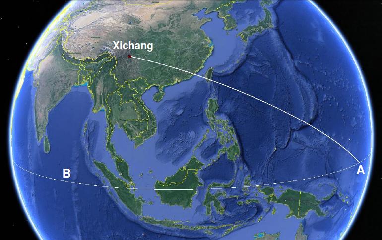 Figure 2: The ground track (on a non-rotating Earth) of the rocket from launch at Xichang to a reentry at point A on the equator. For the rocket to reenter over the equator in the Indian Ocean, the flight time would have to be long enough for the Earth’s rotation to move the point B to the point A. (Source: Google Maps)