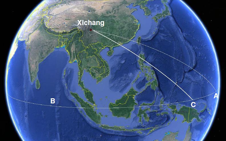 Figure 3: The ground track (on a non-rotating Earth) of the rocket from launch at Xichang to a reentry at point C on the equator. Maneuvering of the upper stage(s) has shifted the trajectory further south than the original trajectory. For the rocket to reenter over the equator in the Indian Ocean, the flight time would have to be long enough for the Earth’s rotation to move the point B to the point C, which is shorter than the time required to move B to A. (Source: Google Maps)