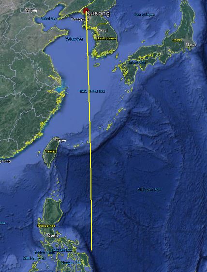 Fig. 2 The path a 3,000 km range test could follow from Kusong. (Source: Google Earth)